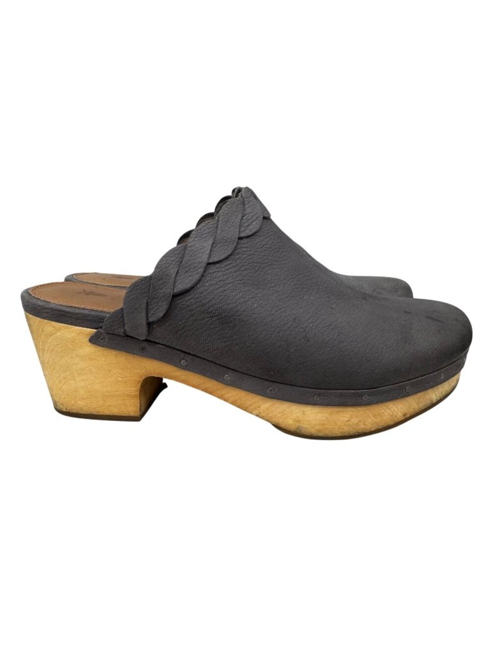 Frye Millie braided Gray nubuck Leather Clog Mules Women’s size 7.5